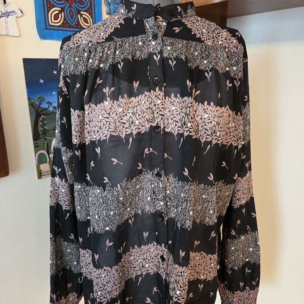Vintage Lady Manhattan Black and Pink Floral Button-Up Blouse Size 10 -12